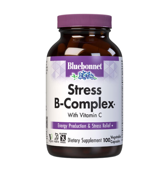 Bluebonnet Stress B-Complex capsules in bottle for daily energy support.