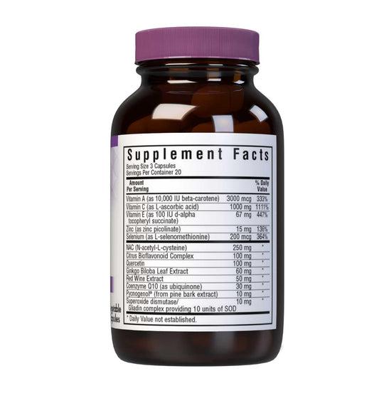Bluebonnet Super Antioxidant Formula capsules close-up, showing vegetarian capsules for easy daily antioxidant intake