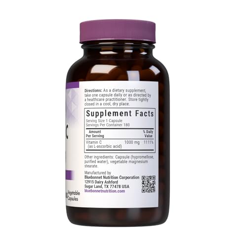 Bluebonnet Vitamin C label close-up highlighting vegan non-GMO formula for immune health