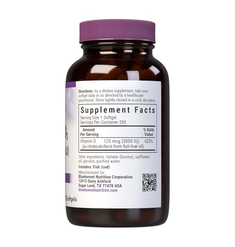 BlueBonnet Vitamin D3 softgels capsules close-up, high potency.