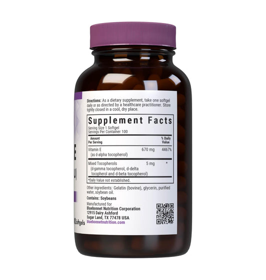 Bluebonnet Vitamin E 1000 IU softgels packaging shows allergen-free formula