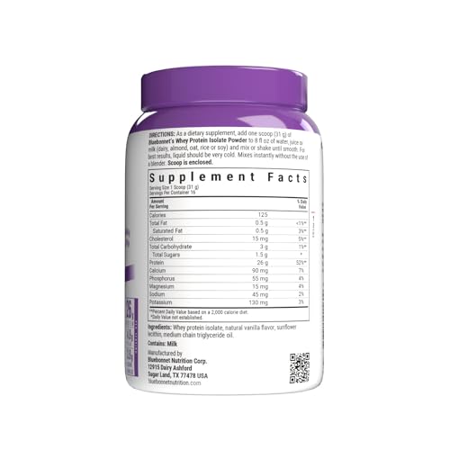 BlueBonnet Whey Protein Isolate scoop pouring shows high protein shakes.