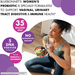 BlueBonnet Women’s Probiotic label on amber bottle emphasizing shelf-stable formula