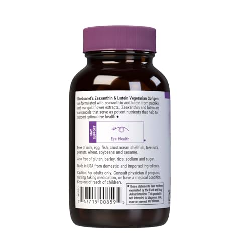 Bluebonnet Zeaxanthin & Lutein softgels closeup shows 4 mg Zeaxanthin and 12 mg Lutein