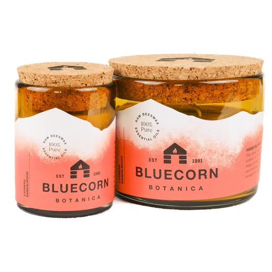 Bluecorn Beeswax 3-wick closeup highlights clean burn and steady flame.