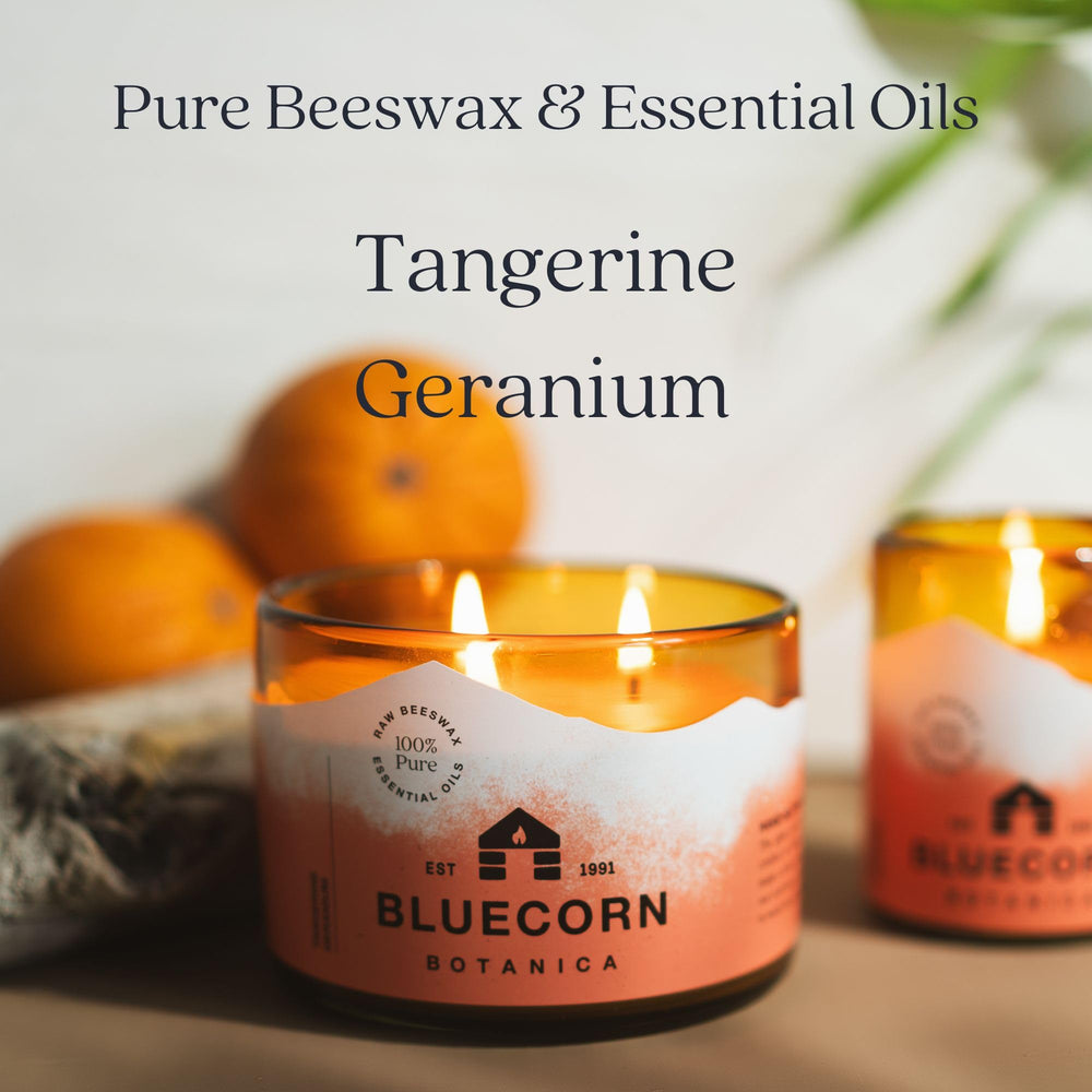 Amber glass vessel from Bluecorn Beeswax enhances decor while burning cleanly.