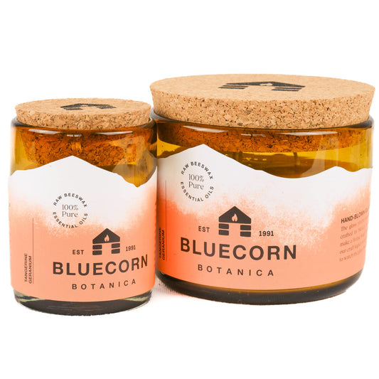 Closeup of Bluecorn beeswax candle shows natural cotton wicks for even burning.