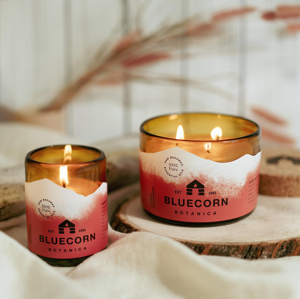 Bluecorn Beeswax candle with cypress and sandalwood aroma for cozy rooms.