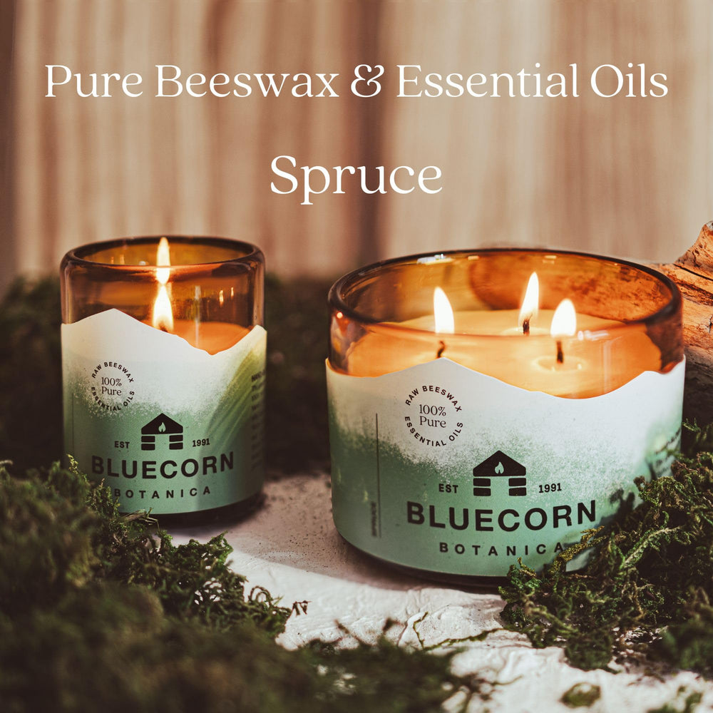 Bluecorn Beeswax 3-wick candle with 40-hour burn for extended evenings.