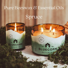 Bluecorn Beeswax 3-wick candle with 40-hour burn for extended evenings.
