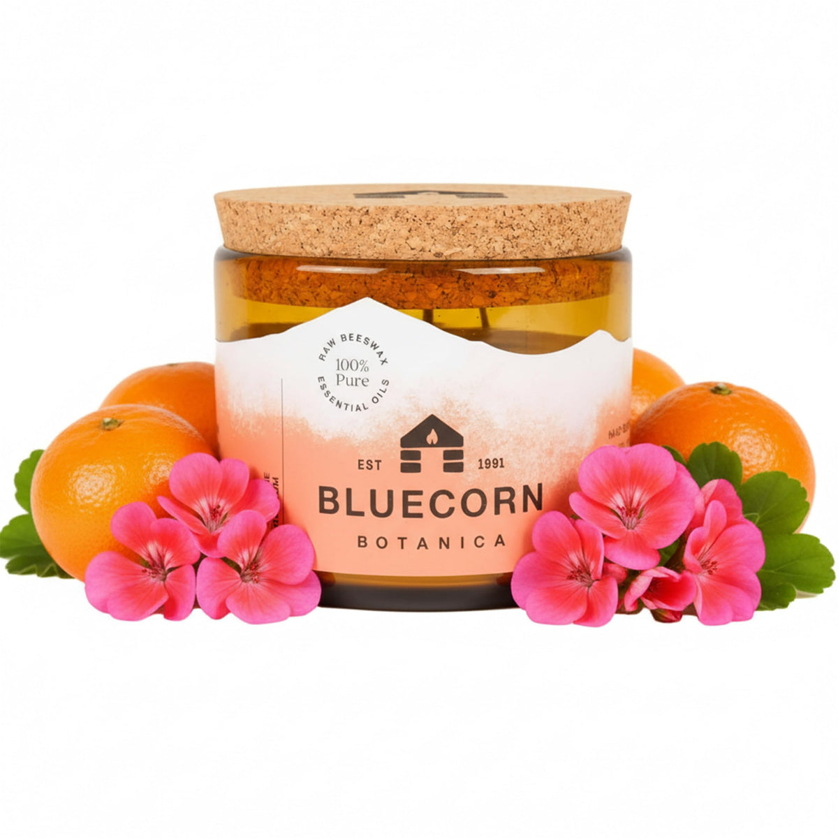 Bluecorn Beeswax Large 3-Wick Candle in amber glass offering warm, clean light with tangerine geranium scent.