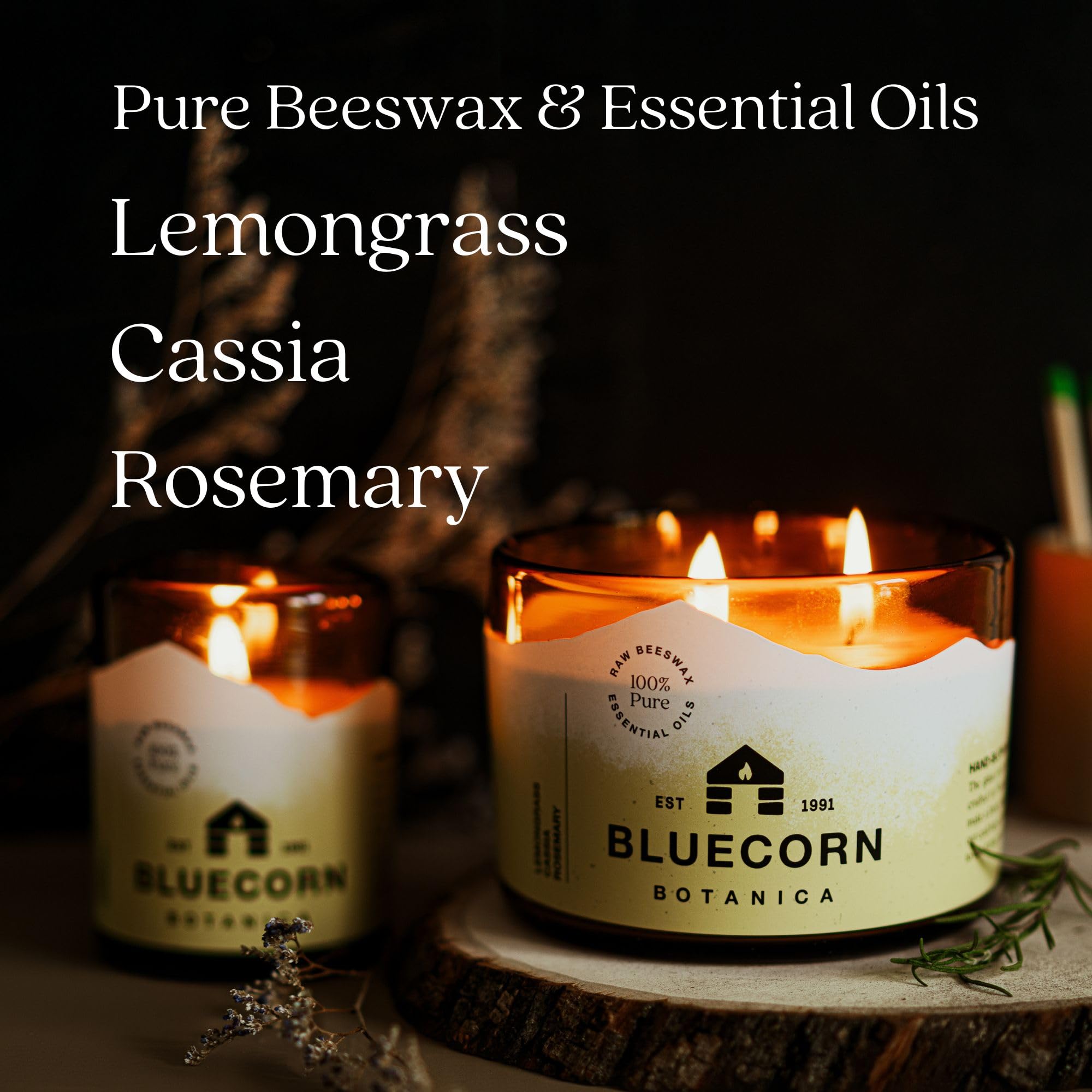 Warm golden glow from Bluecorn 3-wick candle enriching the room