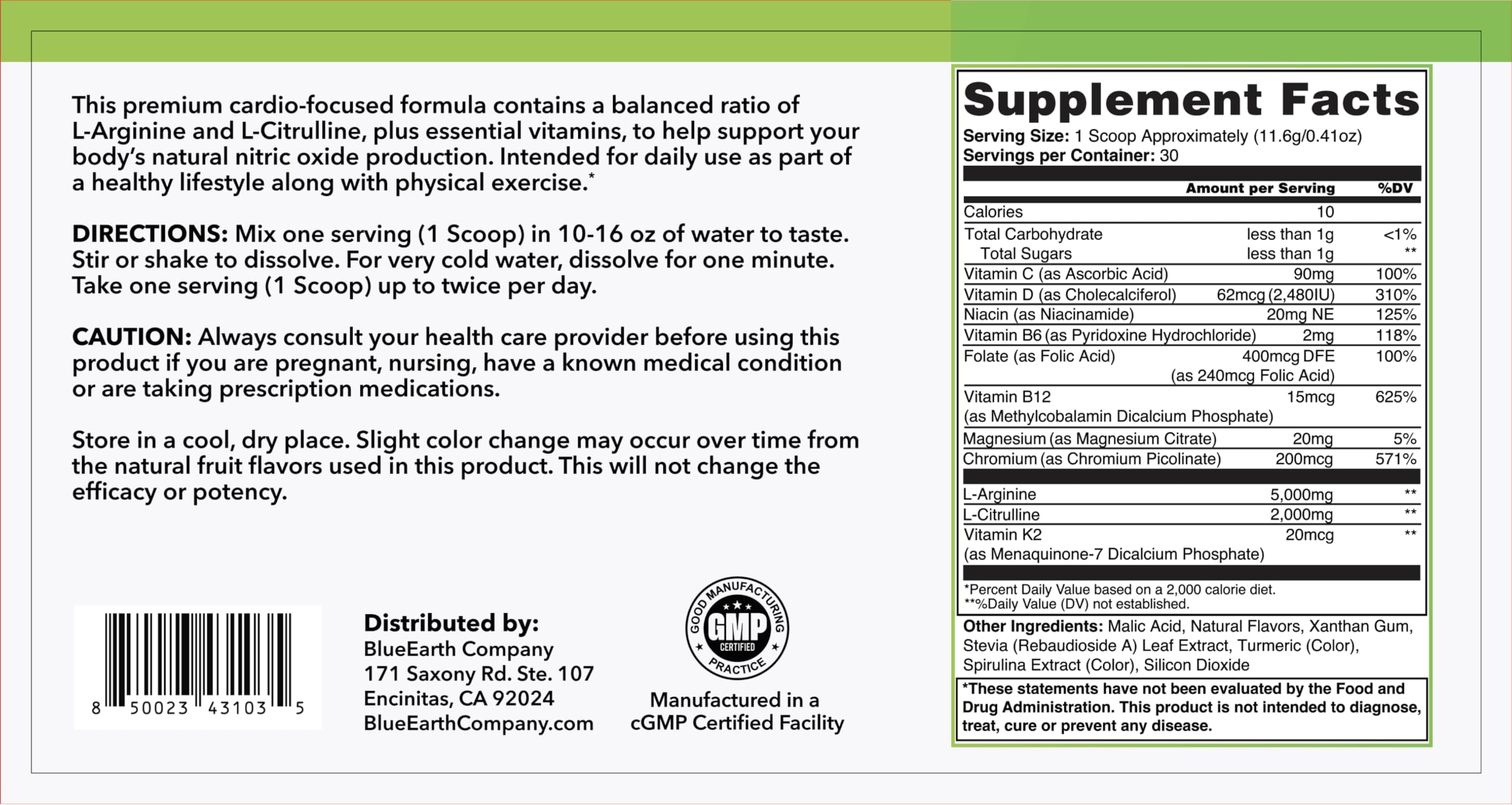 BlueEarth Company scoop of arginine-citrulline powder for easy daily dosing.