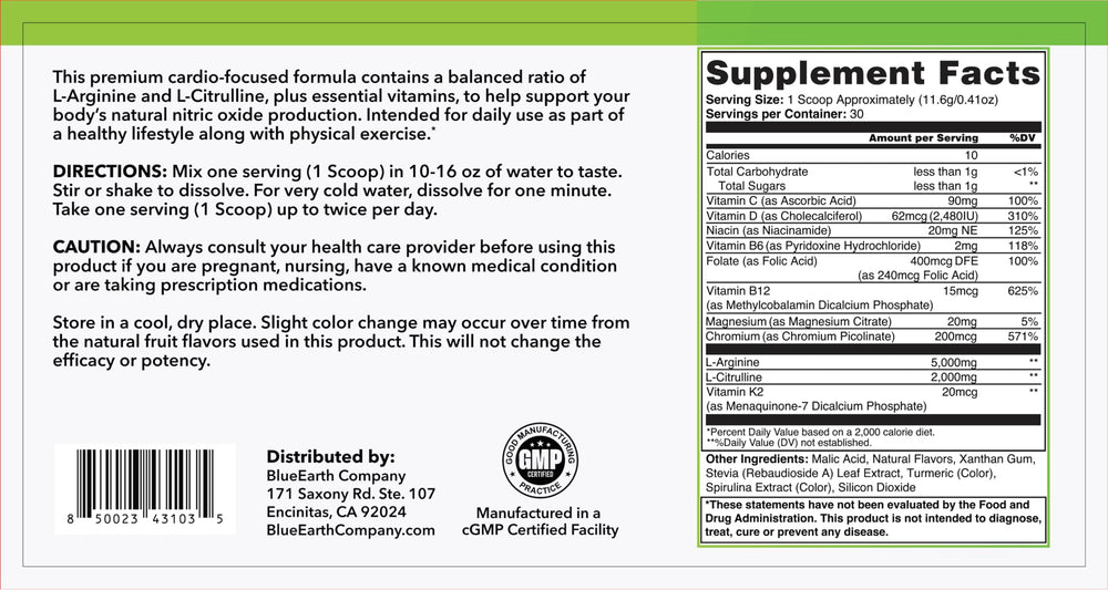 BlueEarth Company scoop of arginine-citrulline powder for easy daily dosing.