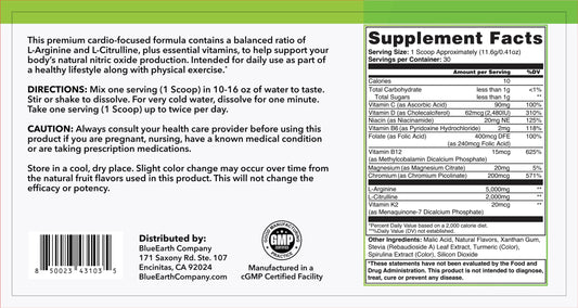 BlueEarth Company scoop of arginine-citrulline powder for easy daily dosing.