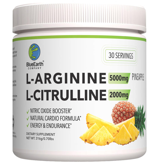 BlueEarth Company arginine powder bottle in pineapple flavor supporting daily circulation.
