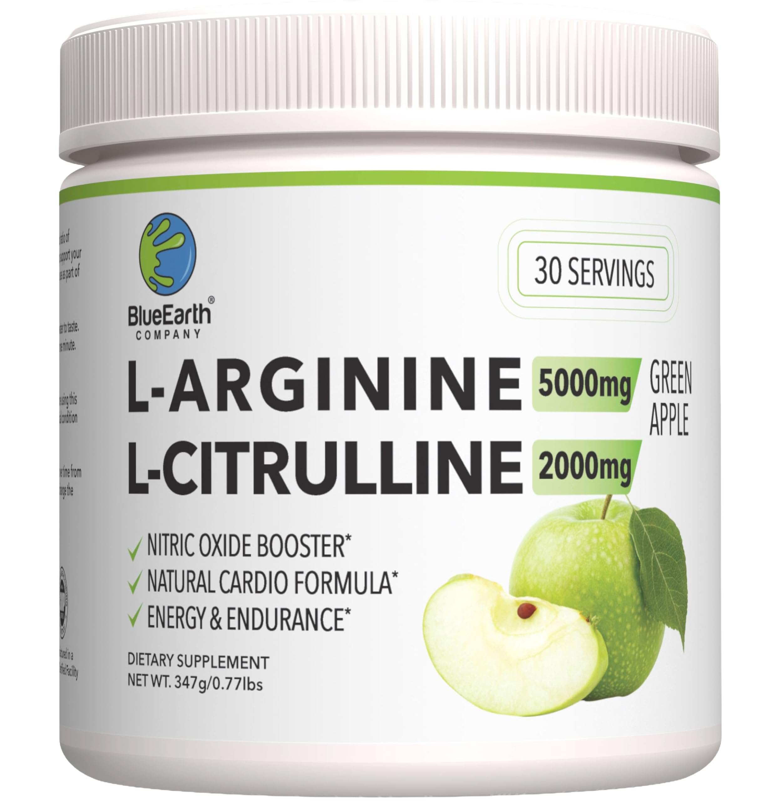BlueEarth Company L-Arginine 5000mg + L-Citrulline 2000mg powder tub for daily heart and energy support.