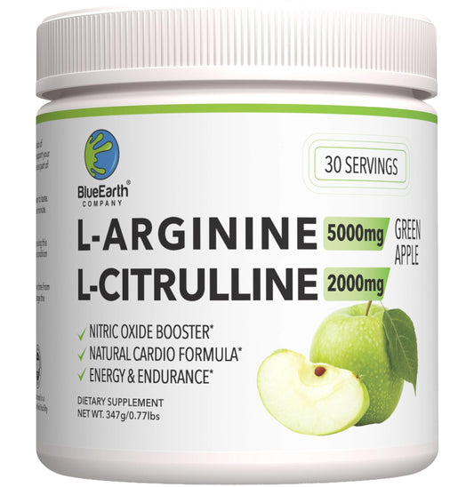 BlueEarth Company L-Arginine 5000mg + L-Citrulline 2000mg powder tub for daily heart and energy support.