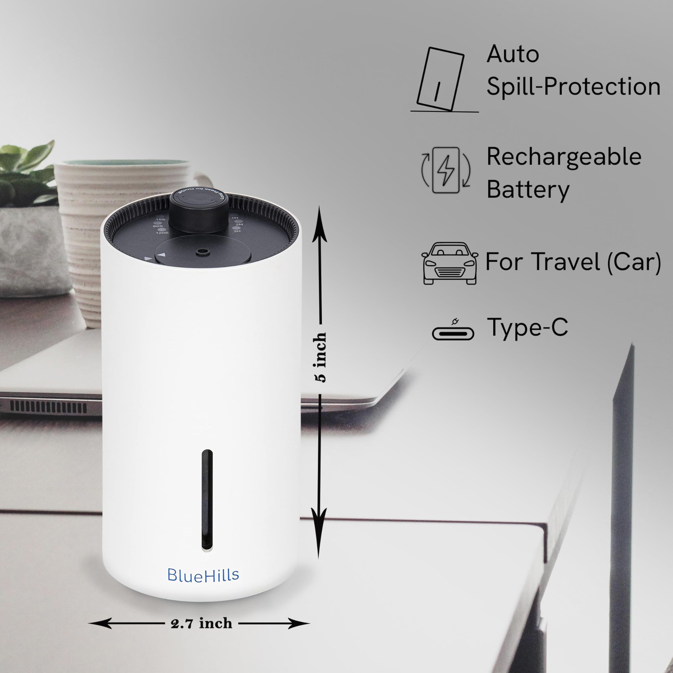 BlueHills diffuser white car setup illustrating on-the-go aroma diffusion