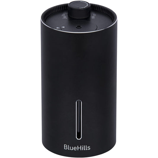 BlueHills waterless diffuser in cordless travel setup for on-the-go aromatherapy