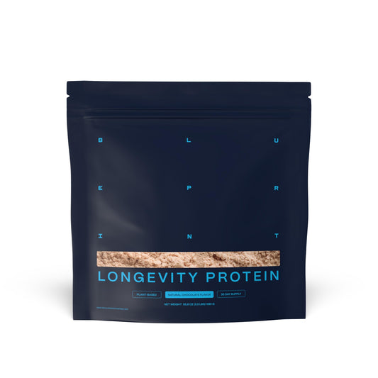 Blueprint Bryan Johnson chocolate protein powder bottle for easy post-workout recovery.