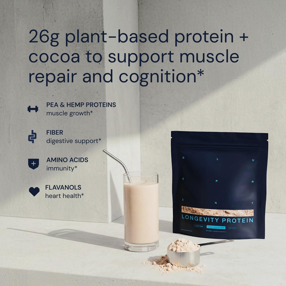 Blueprint Bryan Johnson chocolate protein powder cocoa swirl illustrates rich flavor from real cocoa.