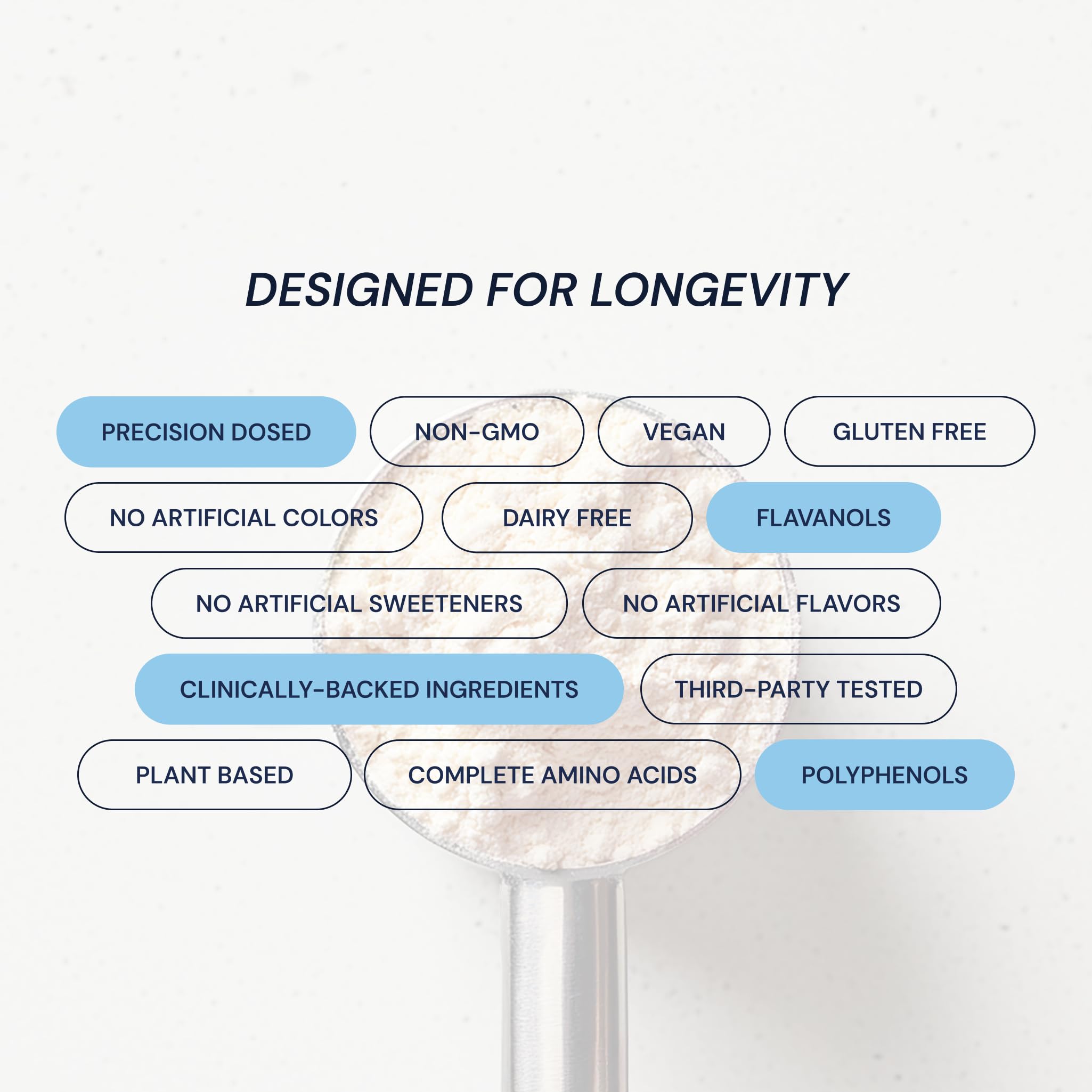 Blueprint Bryan Johnson chocolate protein powder measuring scoop indicates precise serving size.