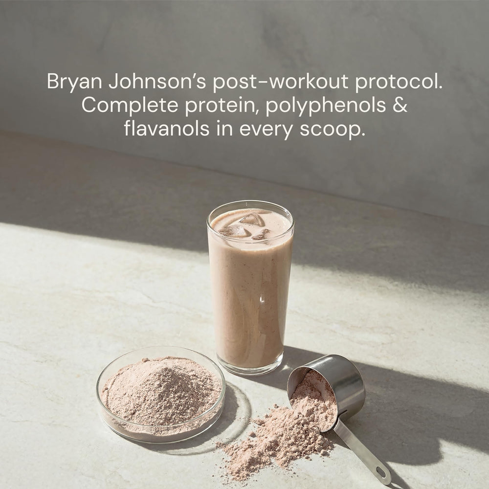 Blueprint Bryan Johnson chocolate protein powder shake with plant milk demonstrates smooth texture.
