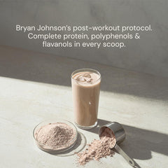 Blueprint Bryan Johnson chocolate protein powder shake with plant milk demonstrates smooth texture.