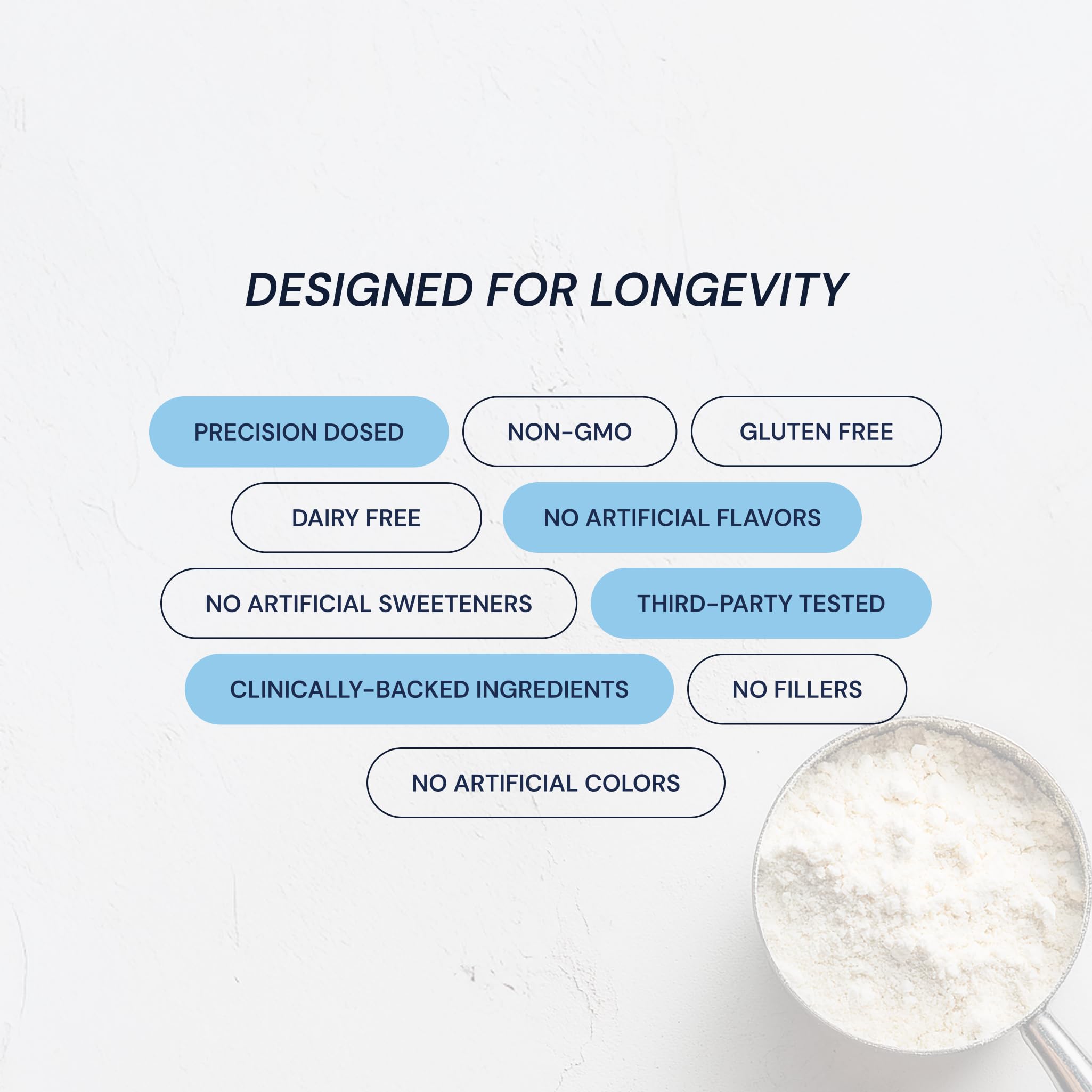 Glass of water with Blueprint Bryan Johnson collagen powder nearby supporting a low-carb routine