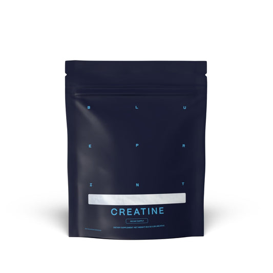 Blueprint Bryan Johnson creatine monohydrate powder bottle front, supports lean muscle during workouts.
