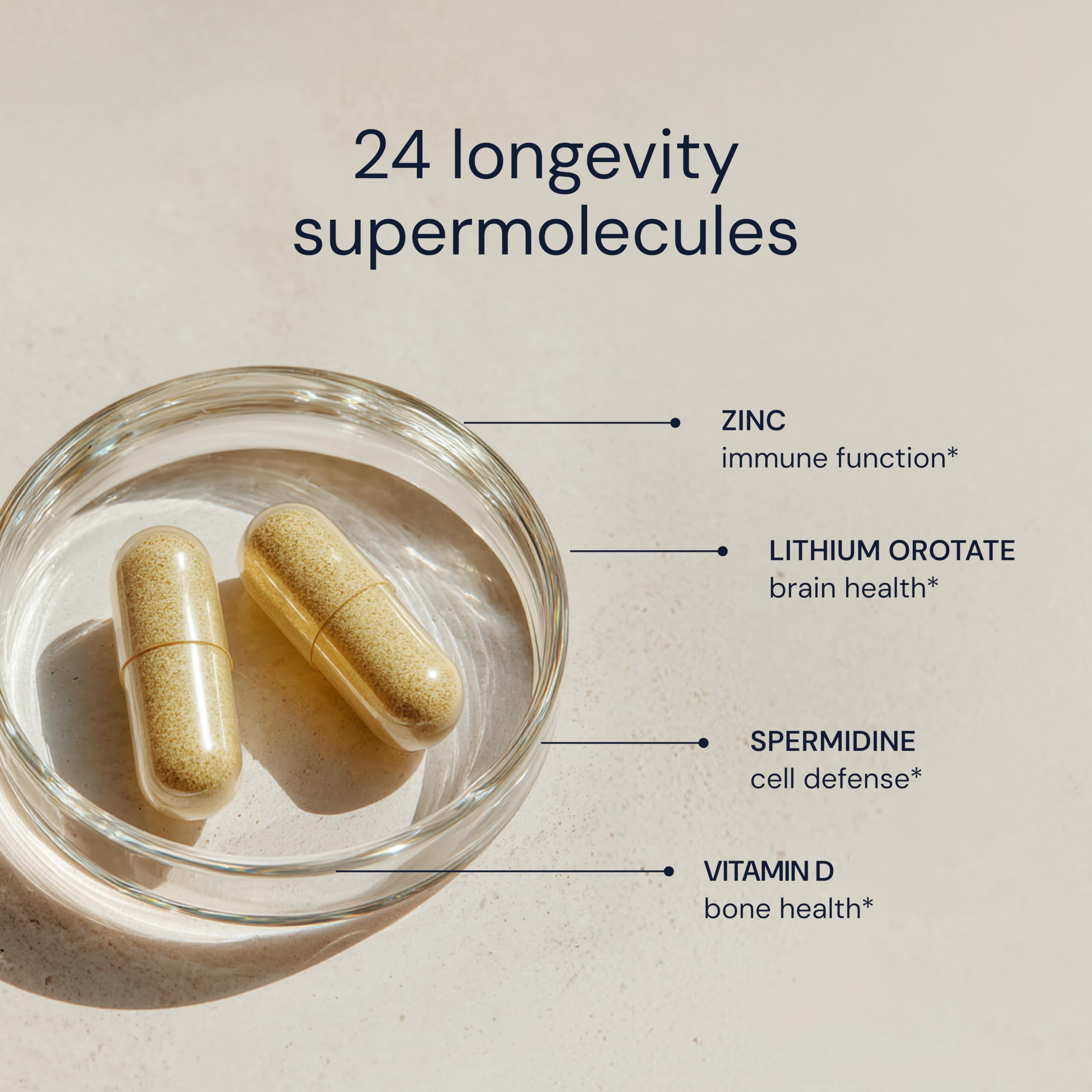 Blueprint Bryan Johnson Essential Capsules on kitchen counter suggesting a simple daily routine.