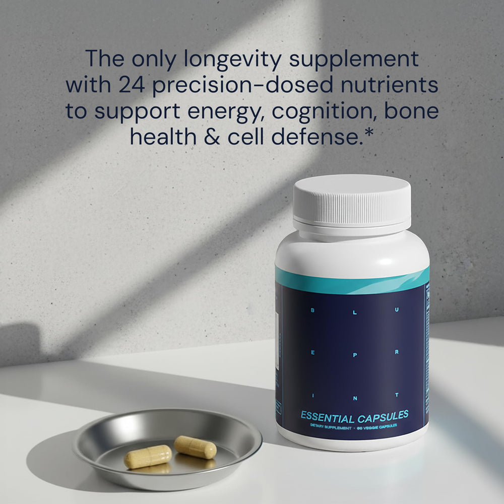 Blueprint Bryan Johnson Essential Capsules ingredients list emphasizes vegan, non-GMO formula.