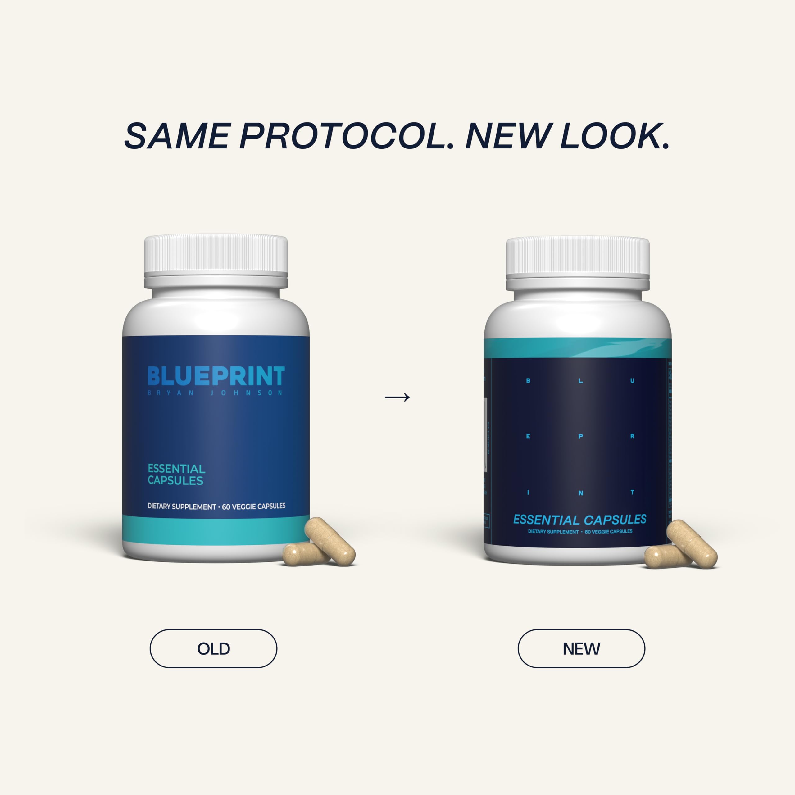 Blueprint Bryan Johnson Essential Capsules pouring into hand for easy daily intake.