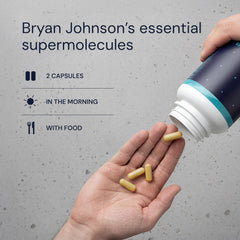 Blueprint Bryan Johnson Essential Capsules bottle with vegan seal signals quality and transparency.