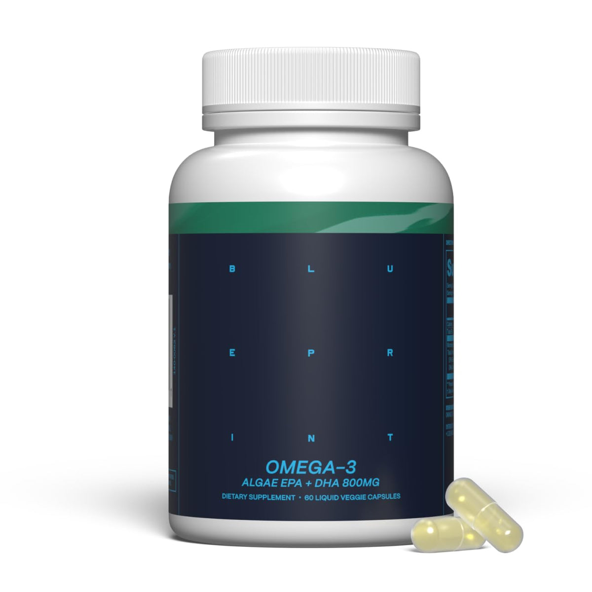 Blueprint Bryan Johnson Omega-3 bottle front with vegan algae capsules for brain and heart support