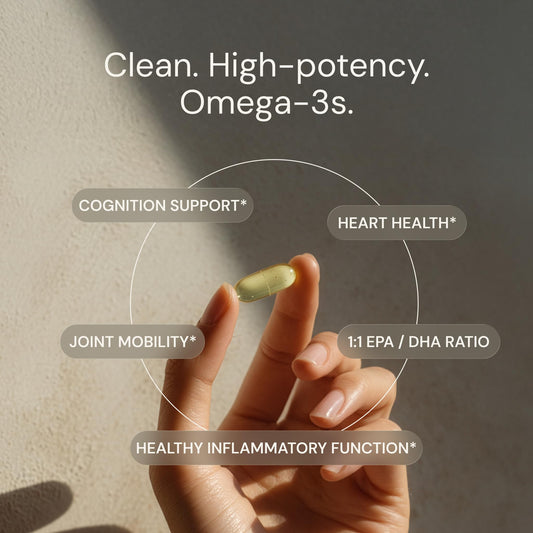 Blueprint Bryan Johnson Omega-3 bottle label highlights balanced EPA/DHA in a 1:1 ratio