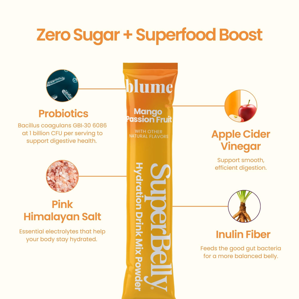 Blume SuperBelly probiotic BC30 illustration for daily digestion support.