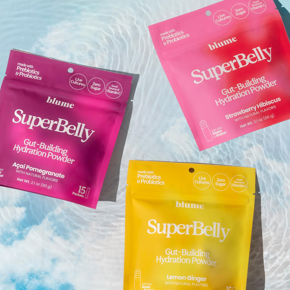 Blume SuperBelly electrolyte boost emphasizes daily hydration support.