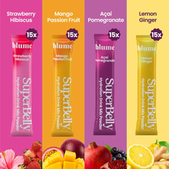 Blume SuperBelly mango passion fruit packet offers tropical refreshment with zero sugar.