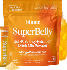 Blume SuperBelly mango passionfruit packet for on-the-go hydration and gut support.