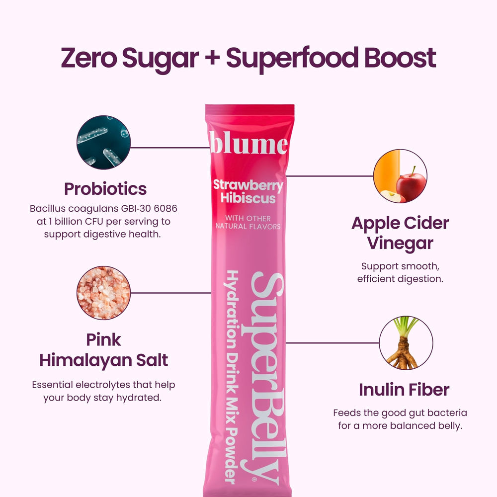 Blume SuperBelly probiotic powder with BC30 supports daily digestion on the go.