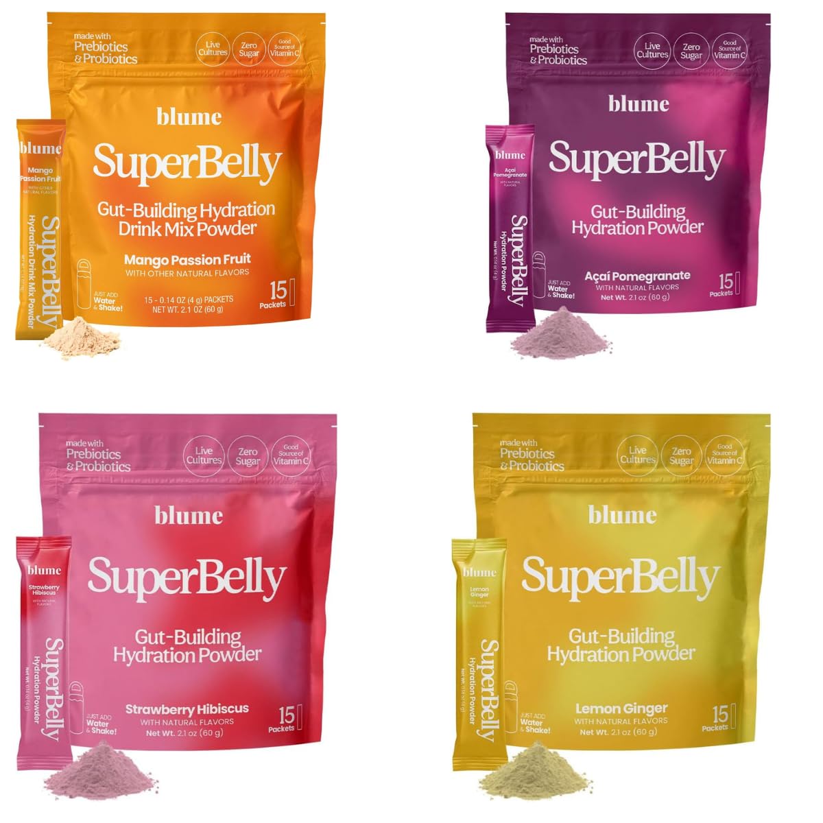 Blume SuperBelly strawberry hibiscus packet for refreshing hydration with zero sugar.