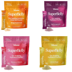 Blume SuperBelly strawberry hibiscus packet for refreshing hydration with zero sugar.