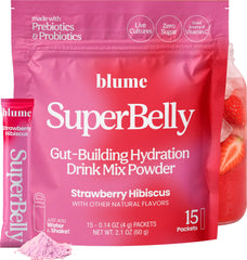 Blume SuperBelly pink lemonade flavor for refreshing hydration and gut support.