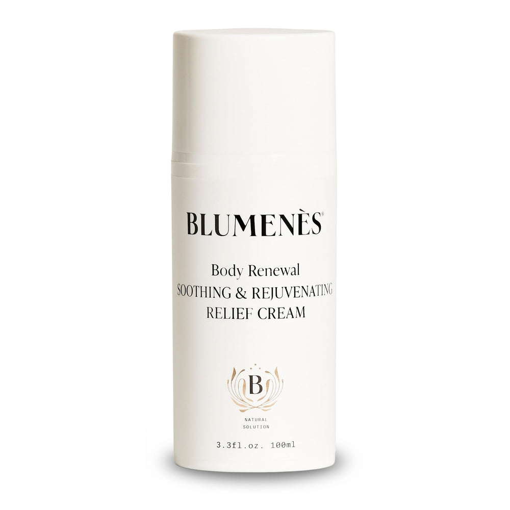 Blumenes Body Renewal hemp oil bottle highlights deep hydration for dry skin.