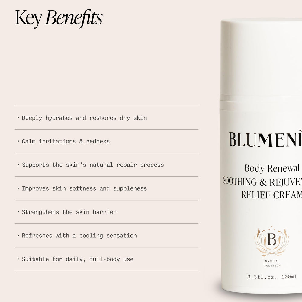 Blumenes Body Renewal packaging on shelf highlights vegan, cruelty-free formulation.
