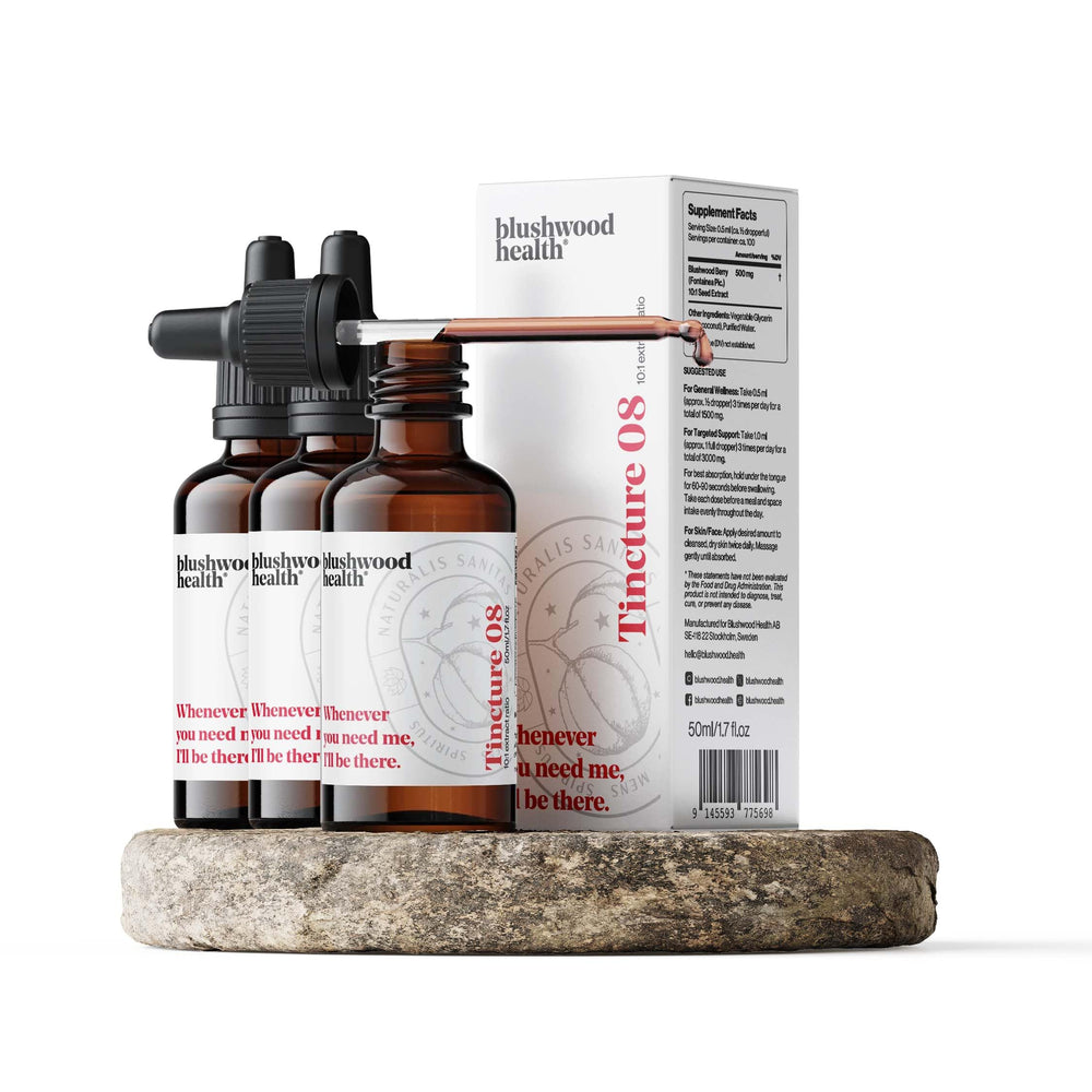 Blushwood Health EBC-46 seed extract tincture bottle with dropper for easy sublingual use