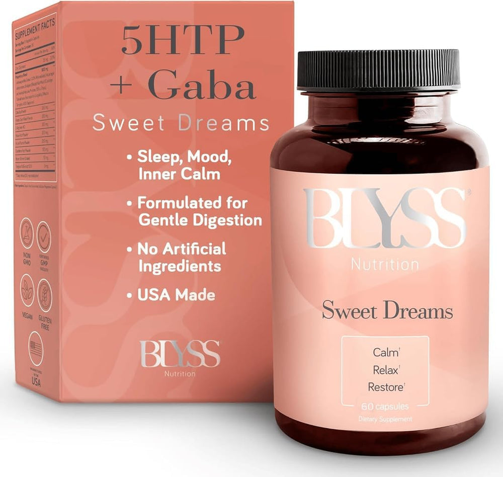 BLYSS Nutrition 5HTP Plus GABA bottle front view for mood and sleep support.