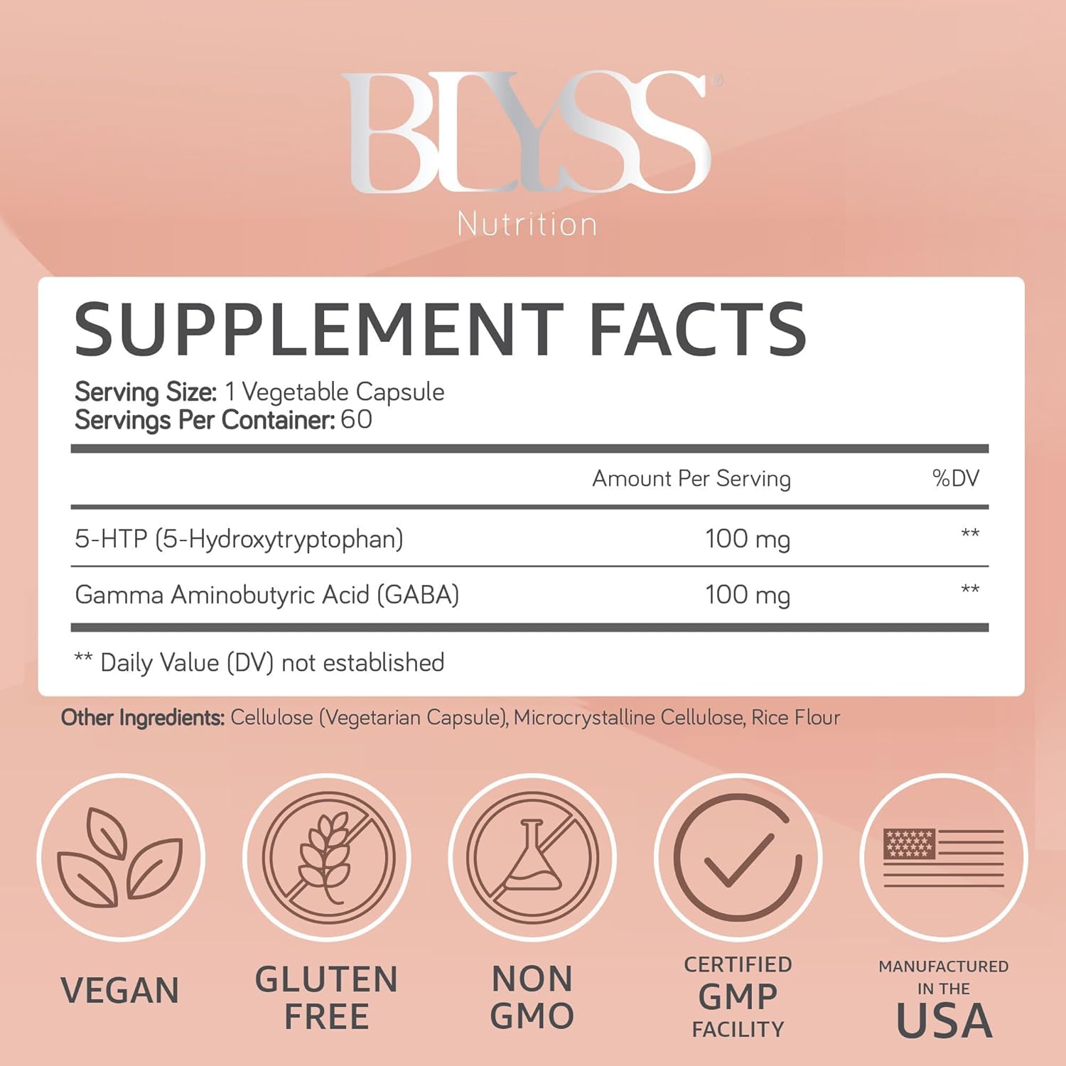 BLYSS Nutrition 5HTP Plus GABA label close-up promoting calm evening routine.